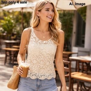 Boho Lace Overlay Crochet Tank Top Womens Med. Ivory Floral Scallop Hem Lined